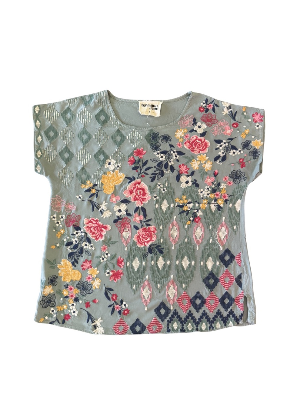 Savanna Jane Sage Floral Embroidered Boho Top Small - Picture 2 of 4